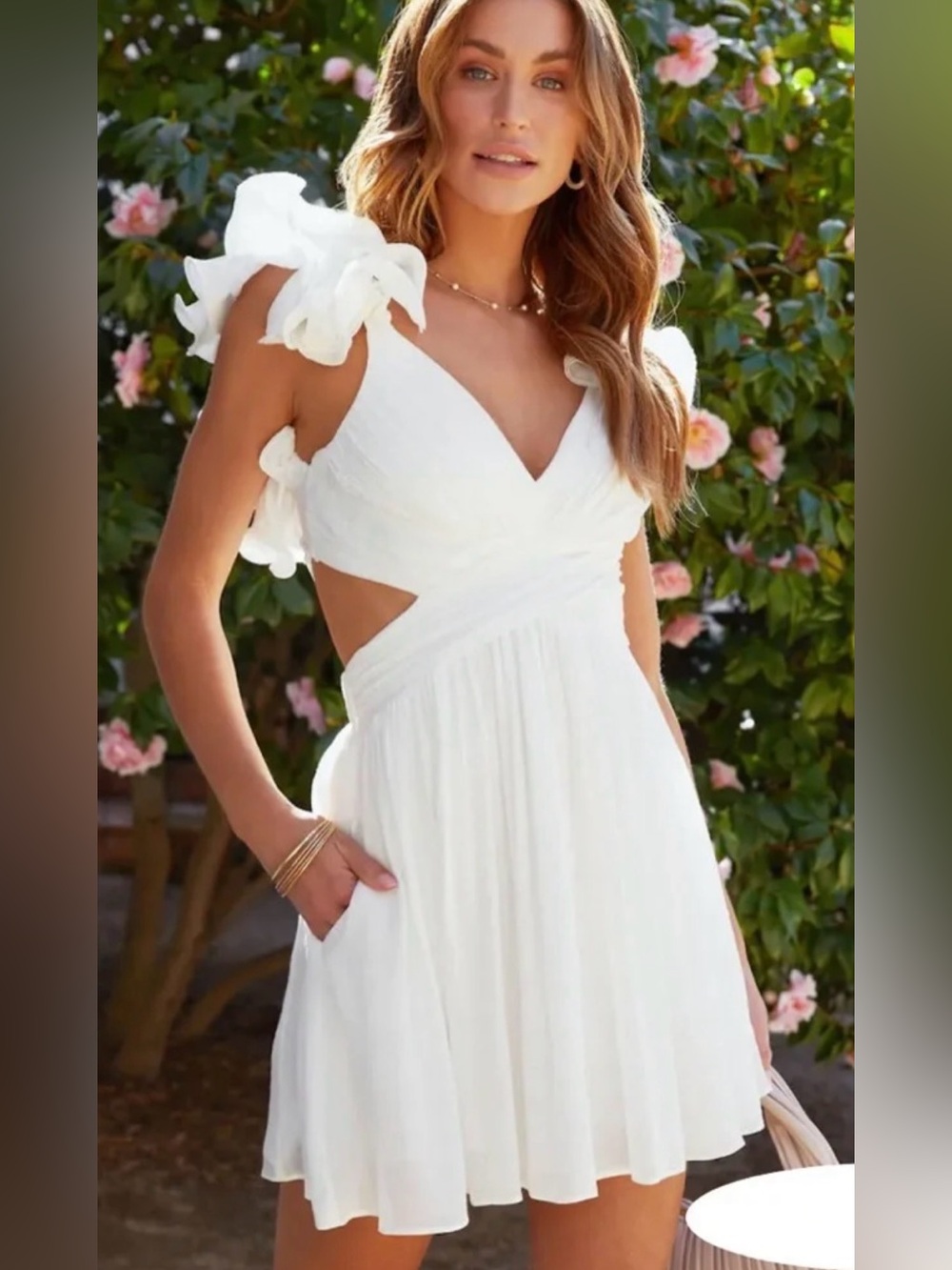 DO+BE White Rosette Sleeve Lace-Up Back Cutout Mini Dress